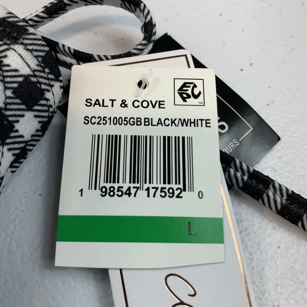 Salt & Cove Junior's Swim Bikini Bottom L Black White Gingham Plaid Tie Side